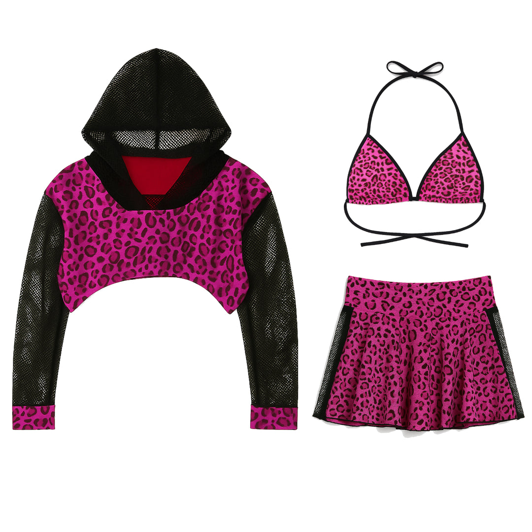 Pink and black leopard print outfit with top, skirt, and hoodie on a white background