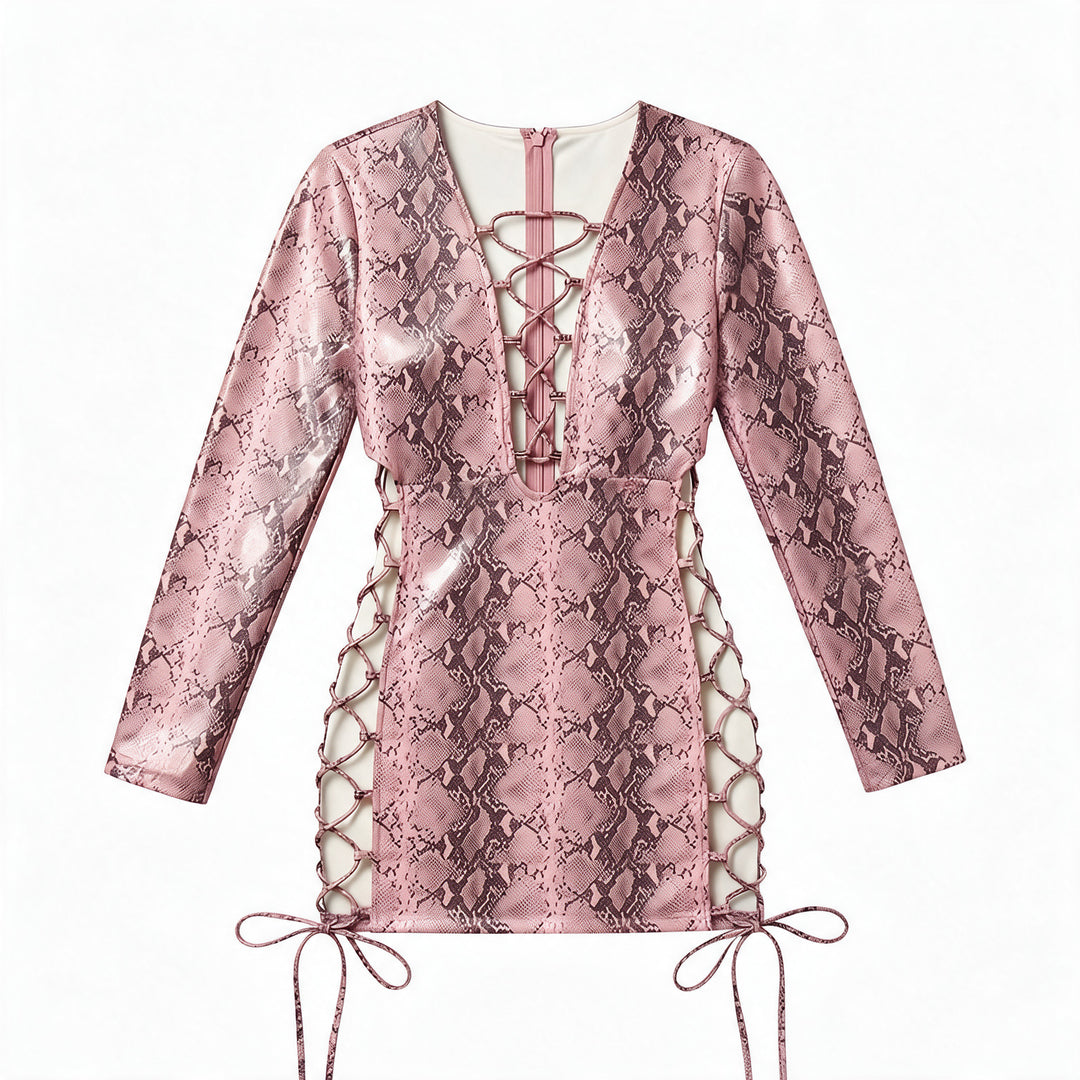 Snake Print PU Lace-Up Long Sleeve Mini Dress
