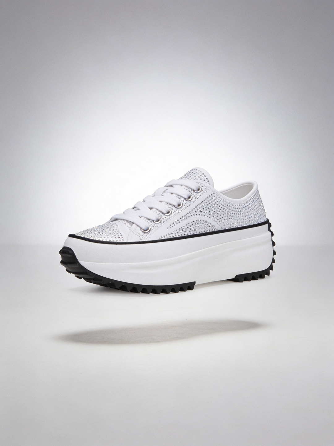 White Canvas Crystal Embellished Platform Sneakers