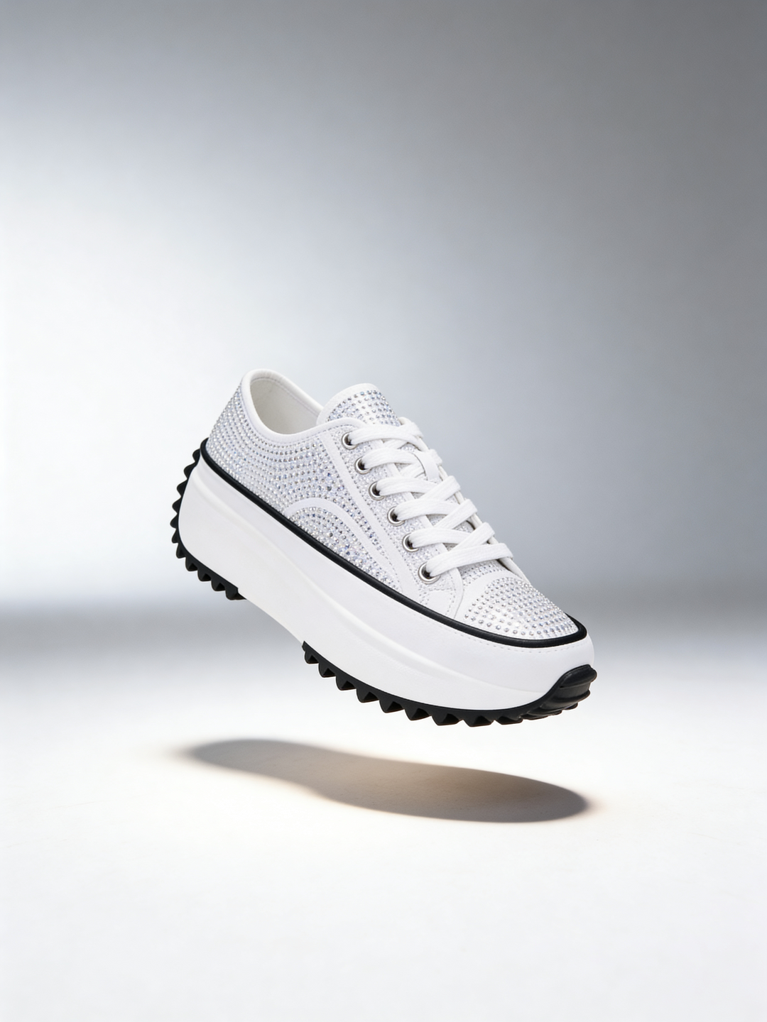 White Canvas Crystal Embellished Platform Sneakers