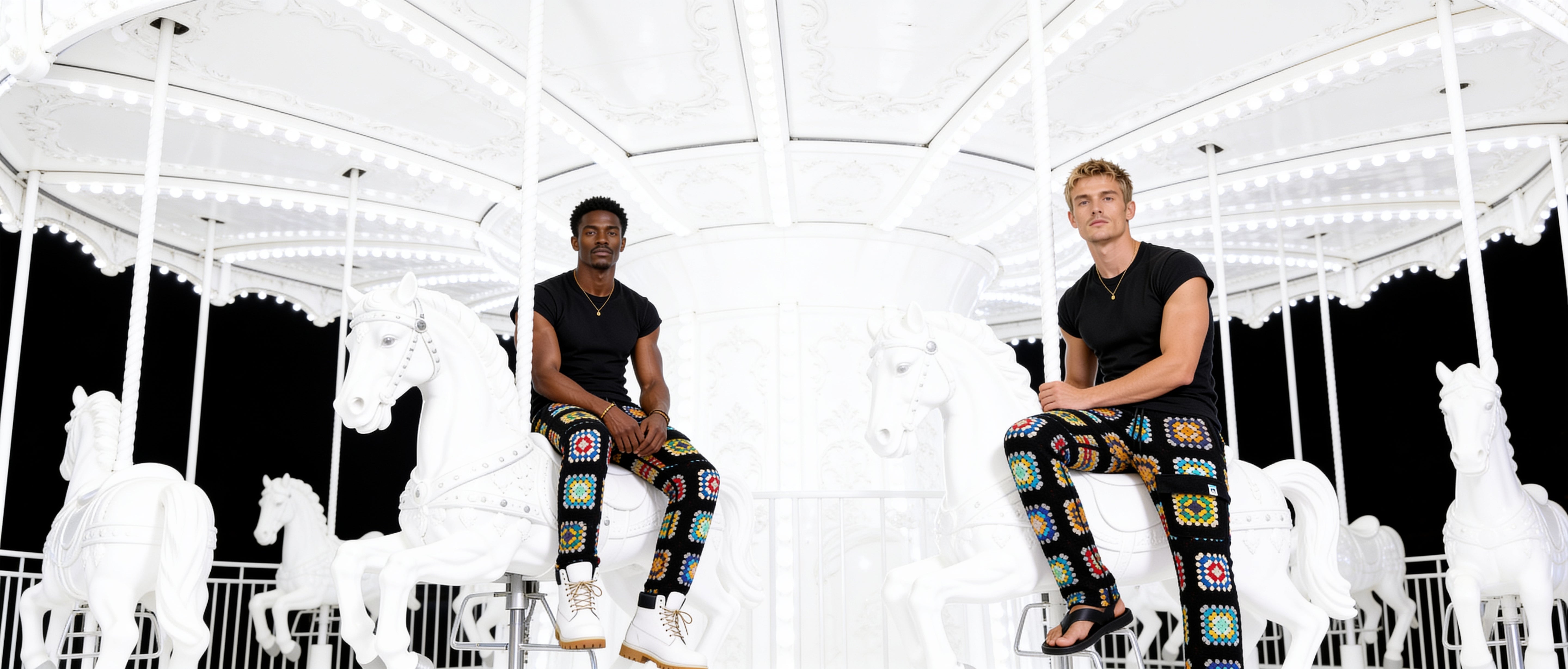 Two men sitting on a white carousel with horses in a futuristic setting.