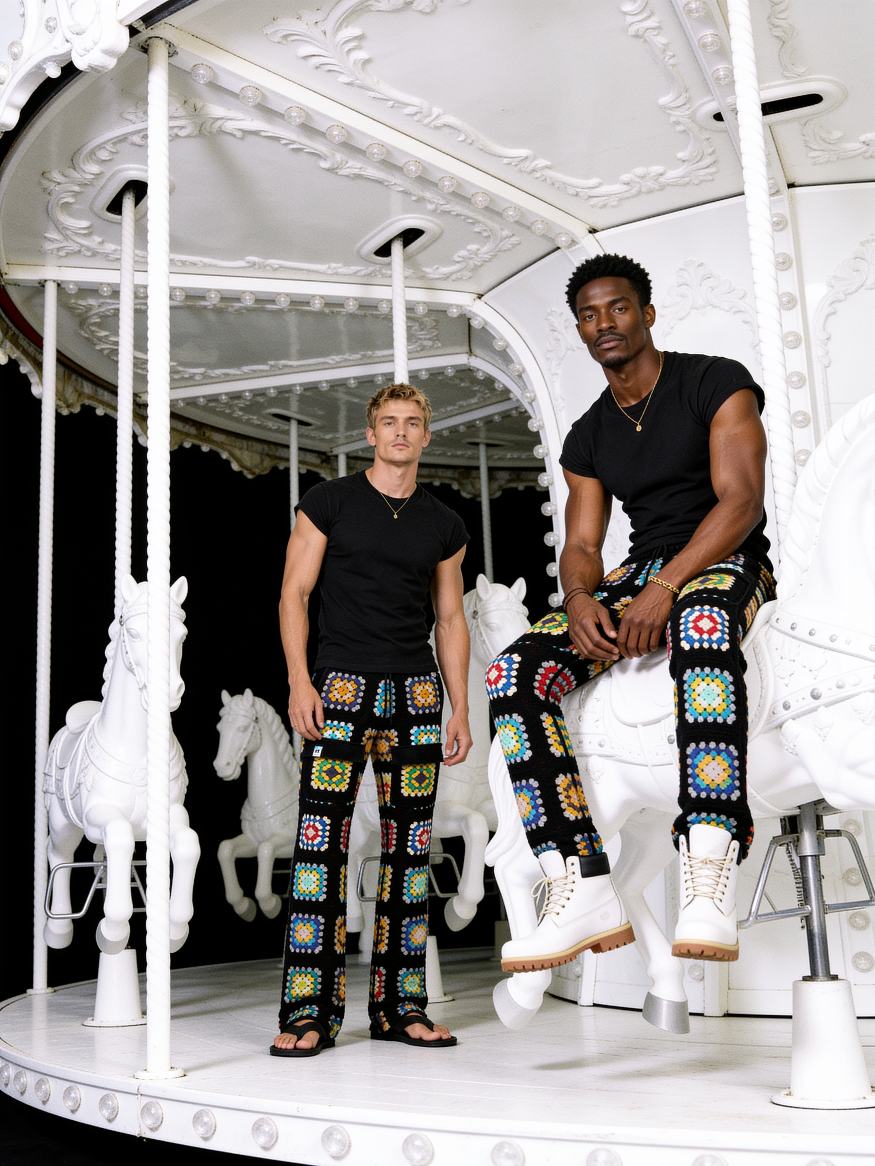 Two men wearing colorful patterned pants on a white carousel.
