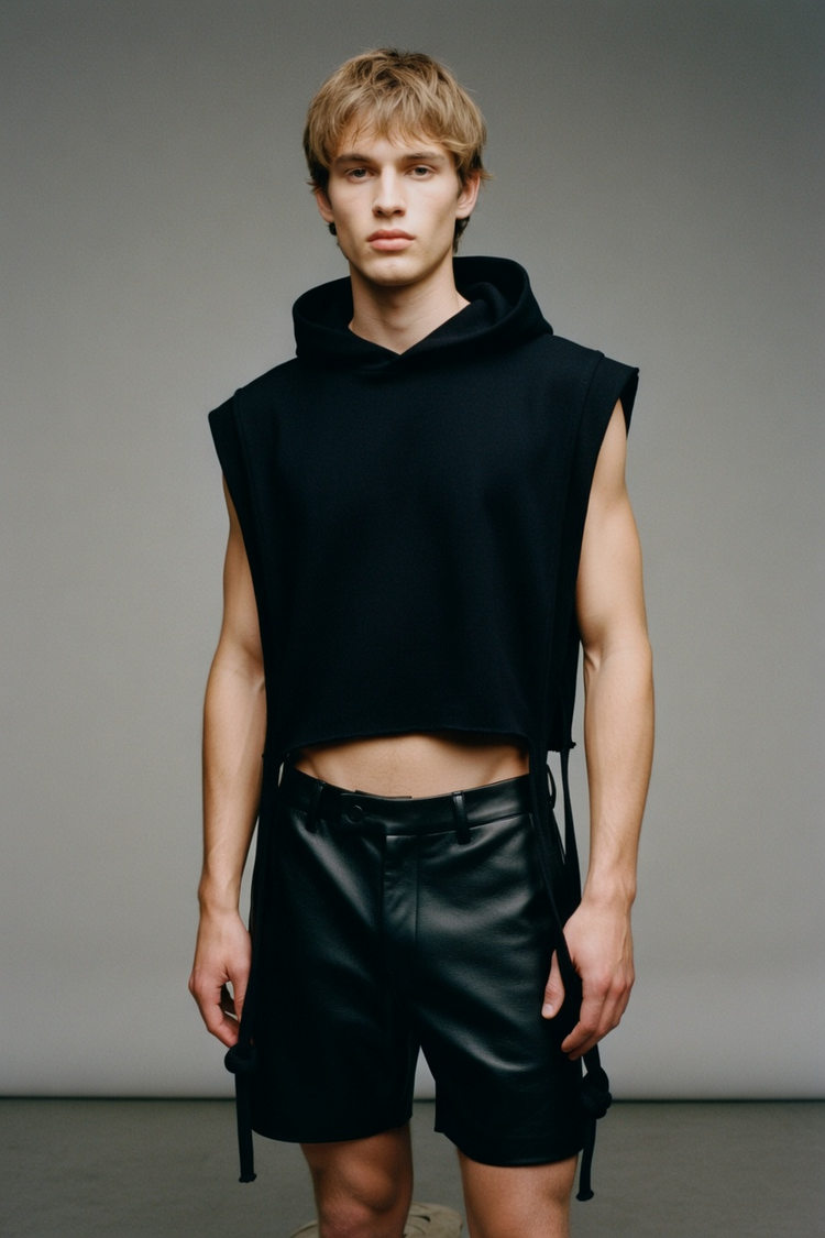 man wearing a black sleeveless cropped french terry square hoodie and black shorts against a gray background