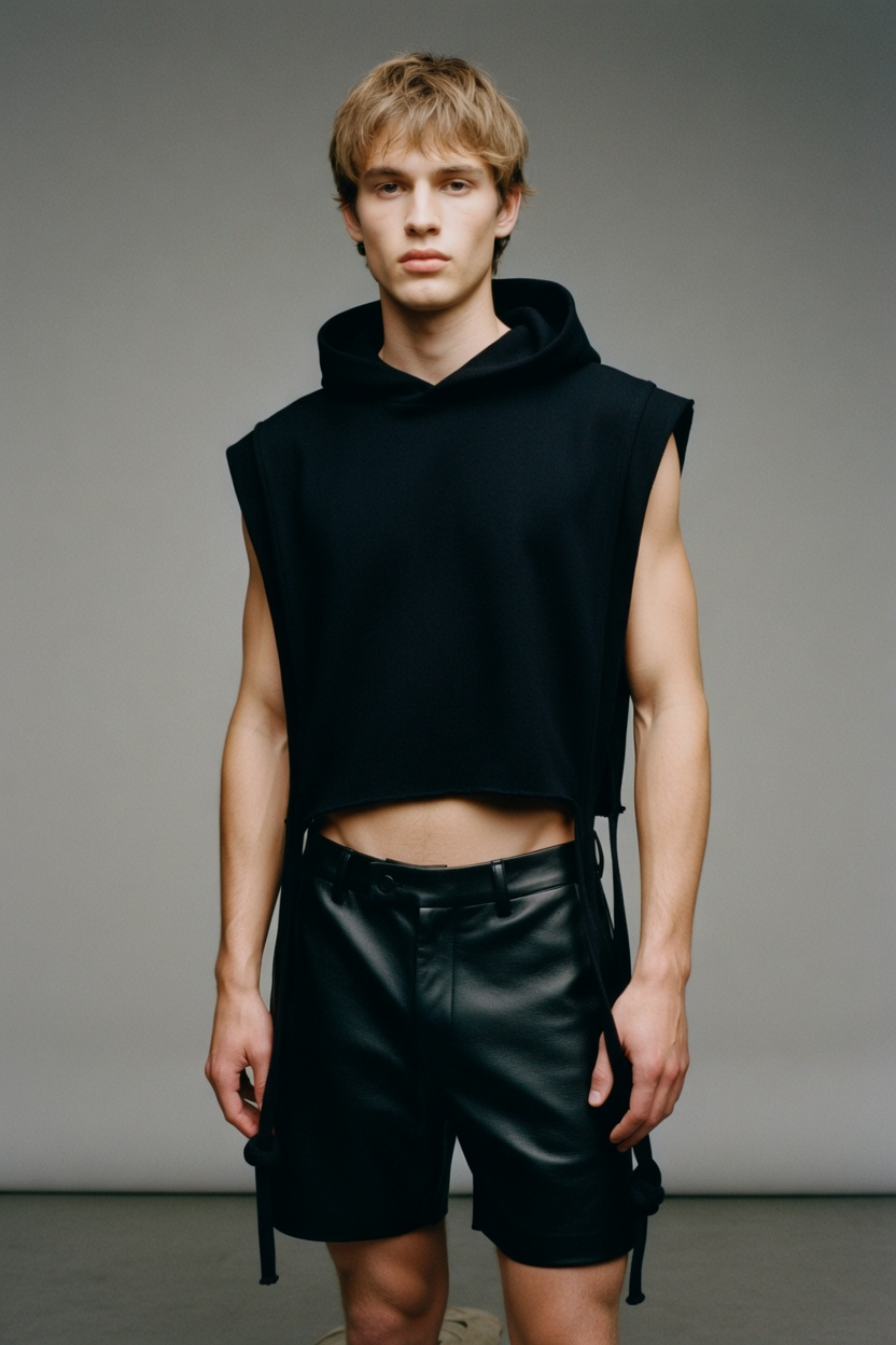 man wearing a black sleeveless cropped french terry square hoodie and black shorts against a gray background