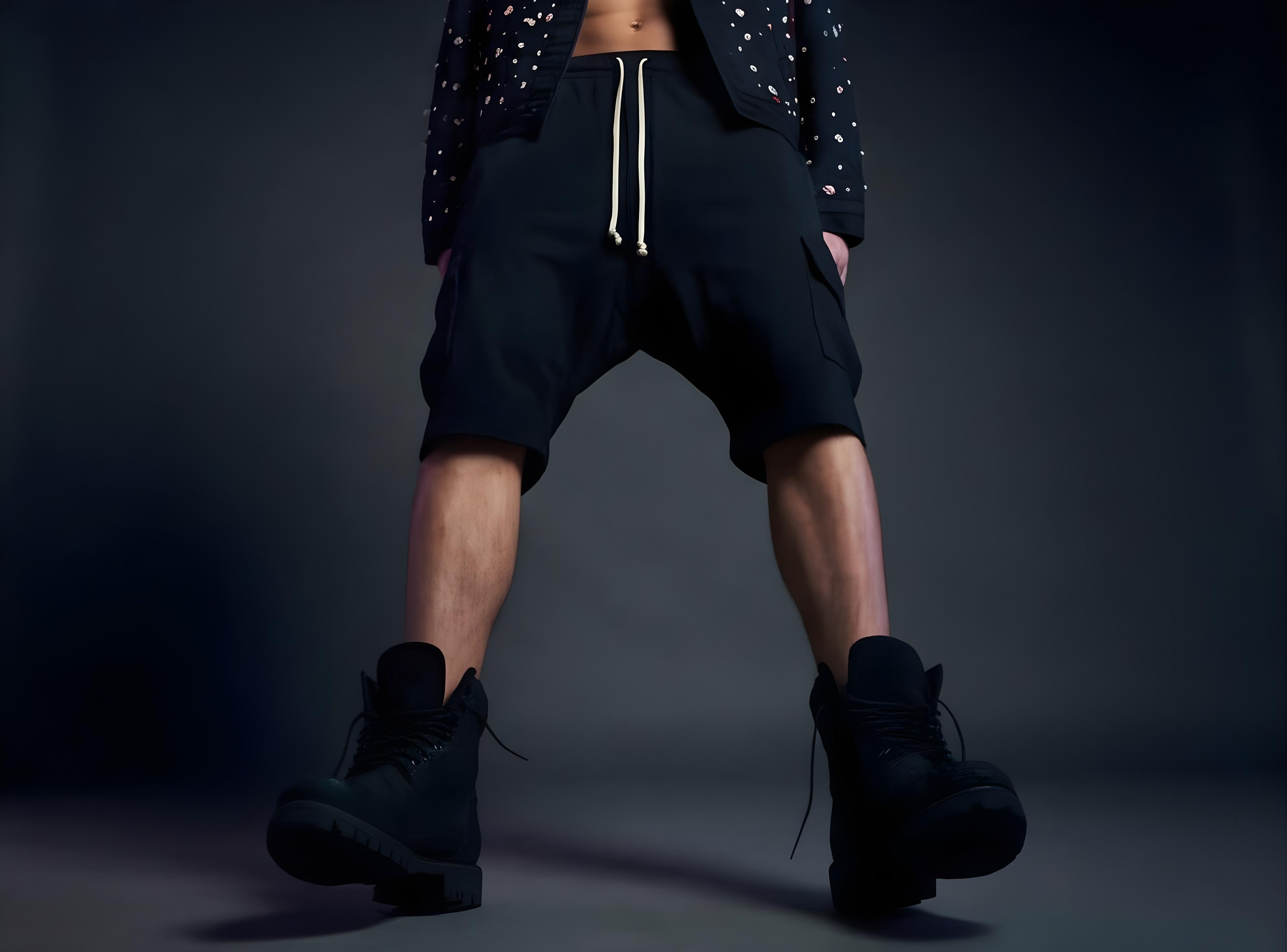 Person wearing black shorts, black boots, and a dark jacket on a gray background