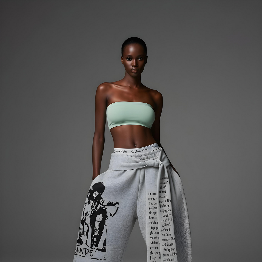 Model wearing a light green top and gray sweatpants with text and graphics on a gray background