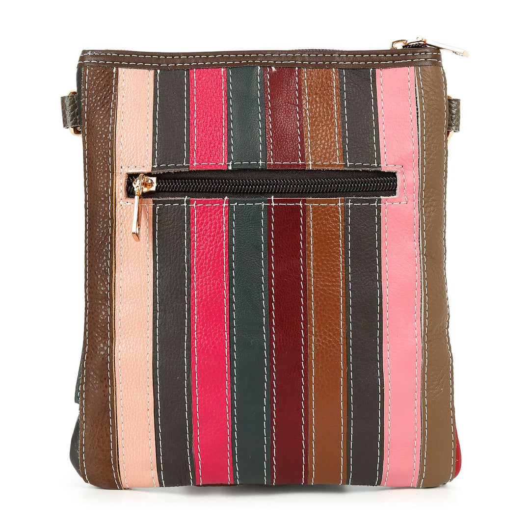 Multicolored striped bag with a zipper on a white background