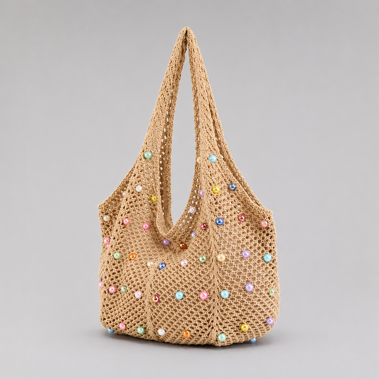 pearl studded knit beach bag beige