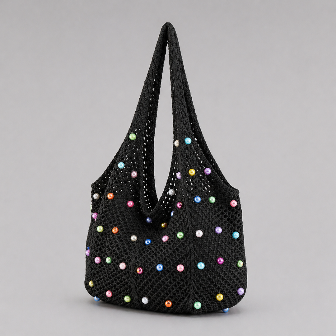 pearl studded knit beach bag black