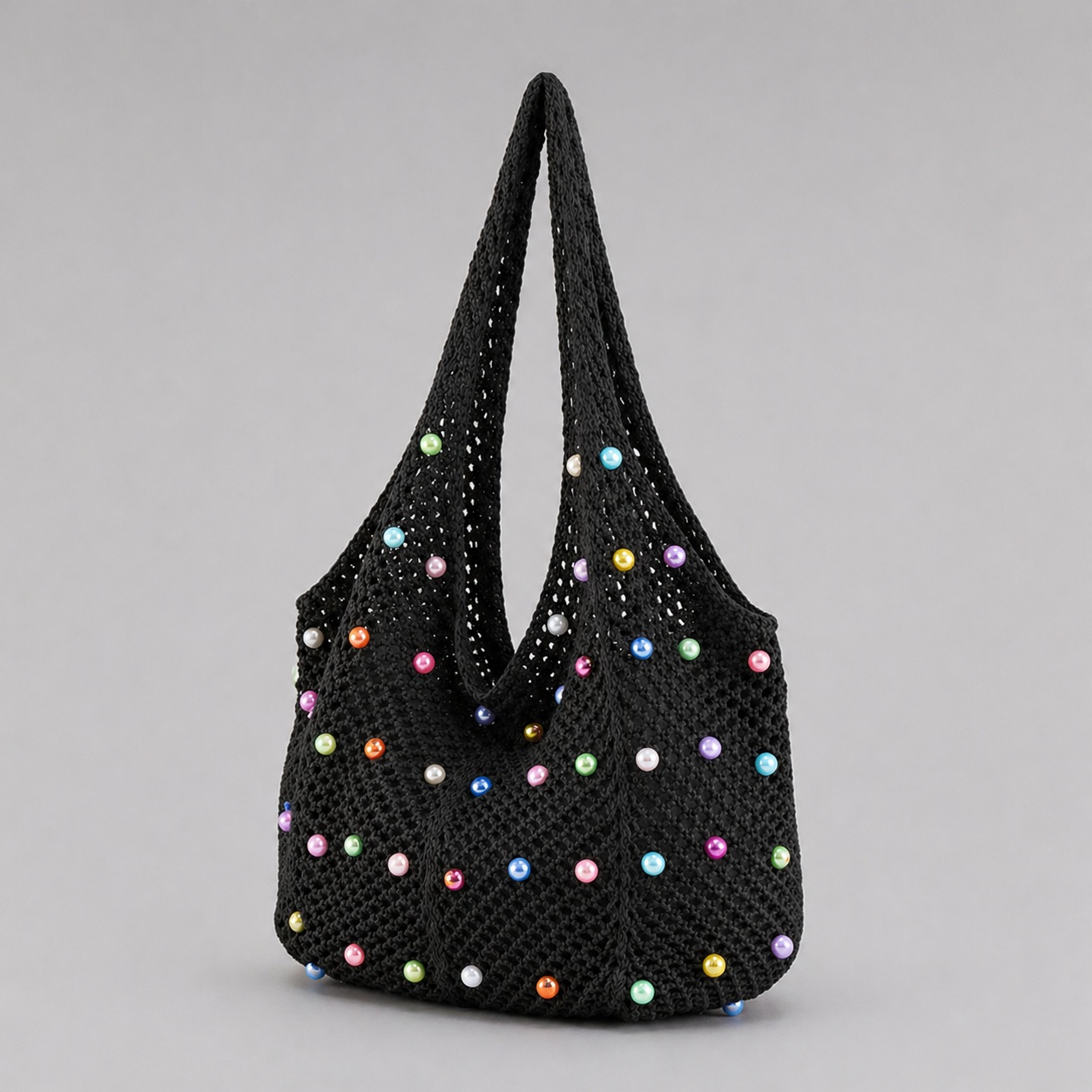 pearl studded knit beach bag black