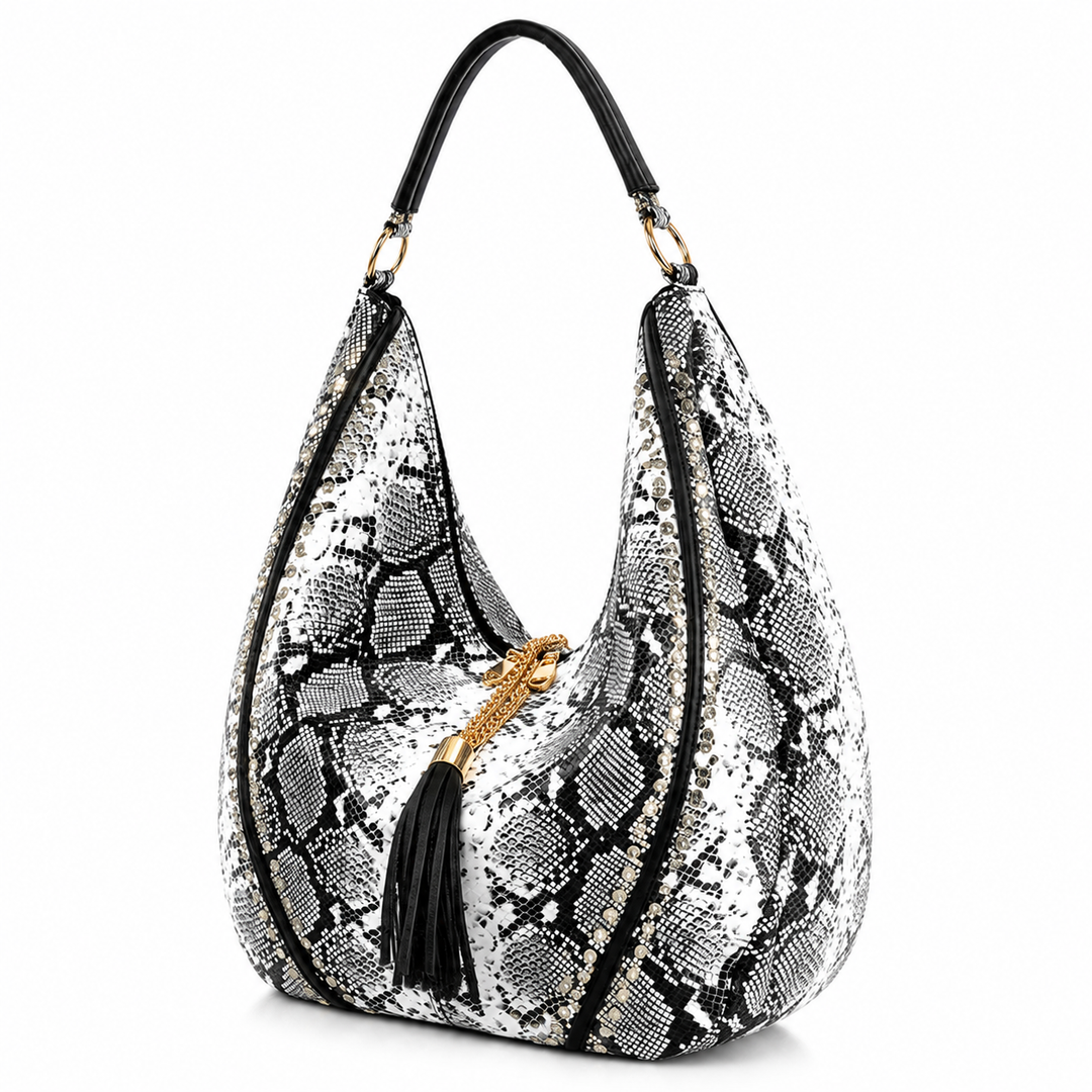 Snakeskin Panel Studded Hobo Bag