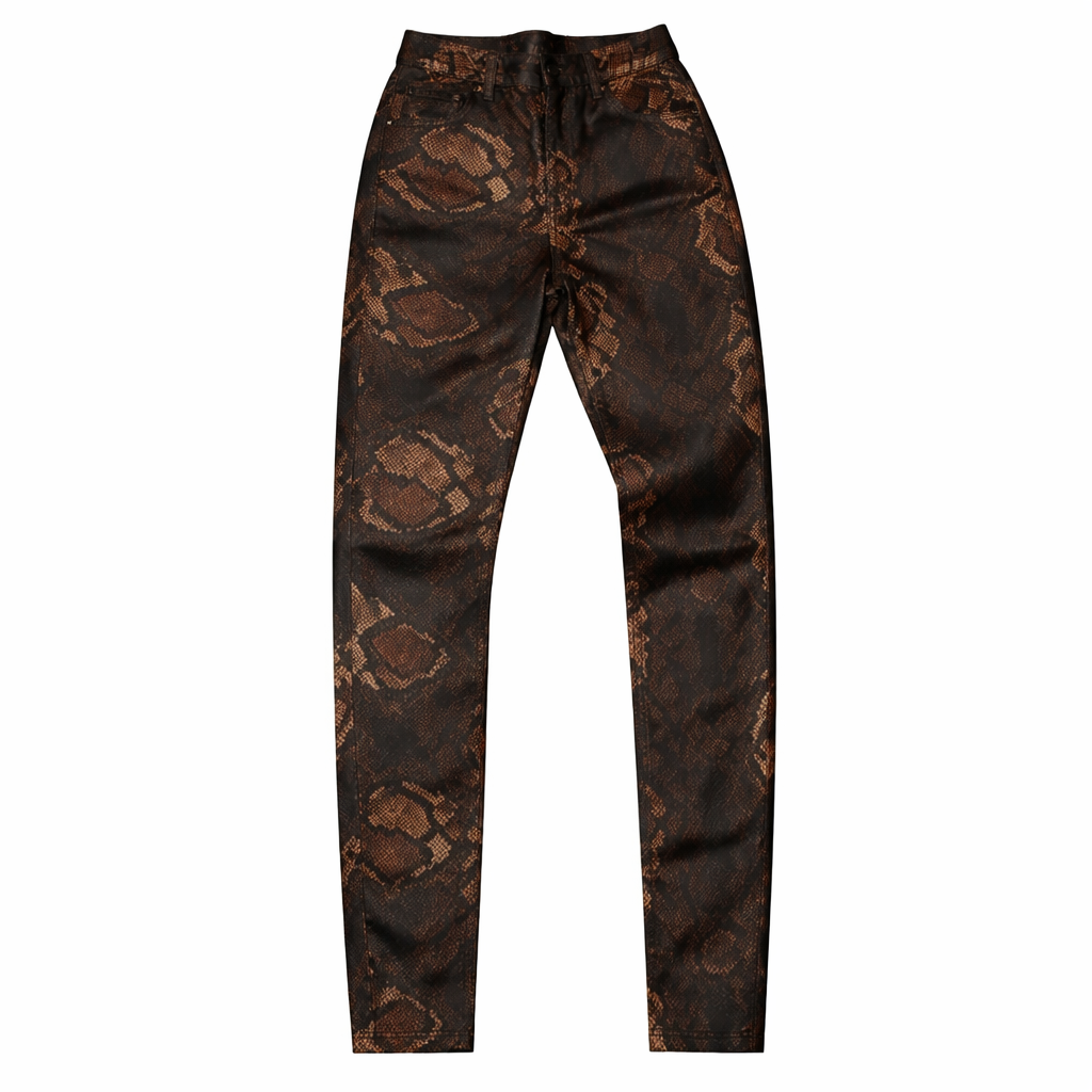 Dark brown pants with a subtle pattern on a white background