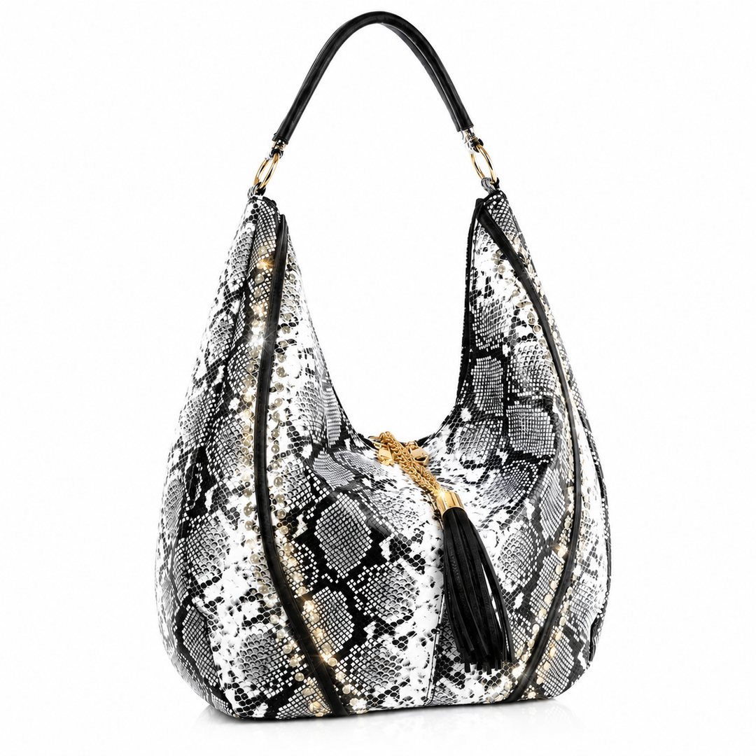Snakeskin Panel Studded Hobo Bag
