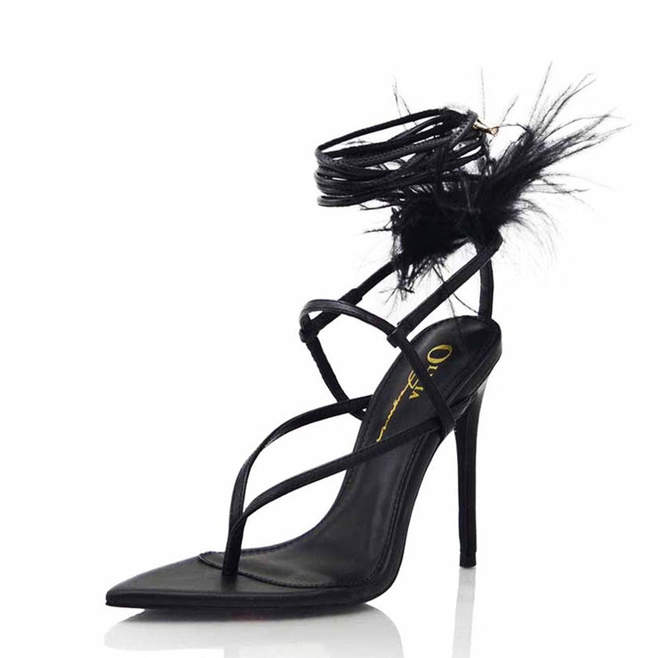 Lace Up Fluffy Feather Heel Black - Shoe Whore