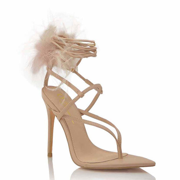 Lace Up Fluffy Feather Heel Nude - Shoe Whore