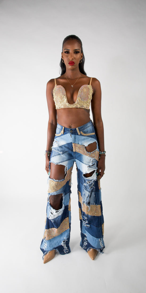 CD Rhinestoned Bellbottom Jeans Gold - Womens