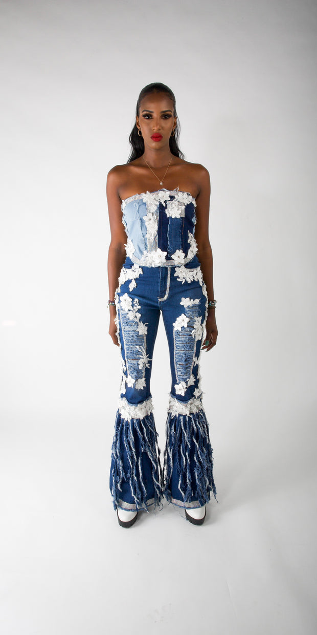 CD Shredded Floral Bellbottom Jeans Silver - Womens