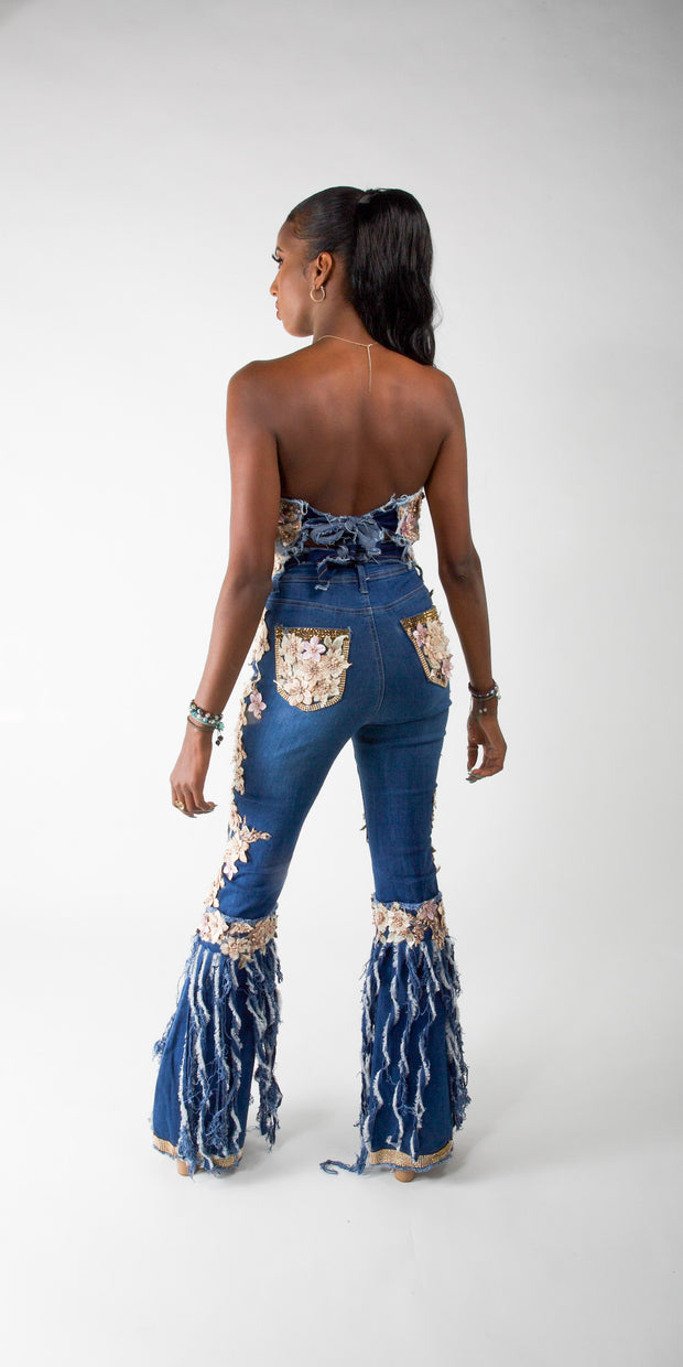 CD Shredded Floral Bellbottom Jeans Gold - Womens