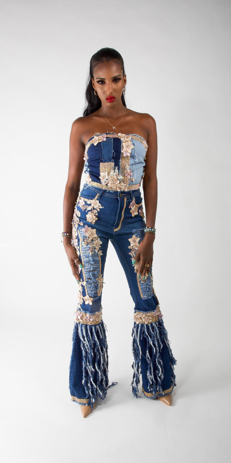 CD Shredded Floral Bellbottom Jeans Gold - Womens
