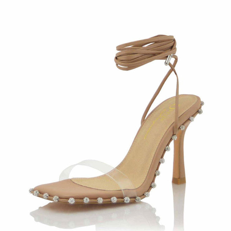 Ankle Wrap Studded Heels Camel- Shoe Whore